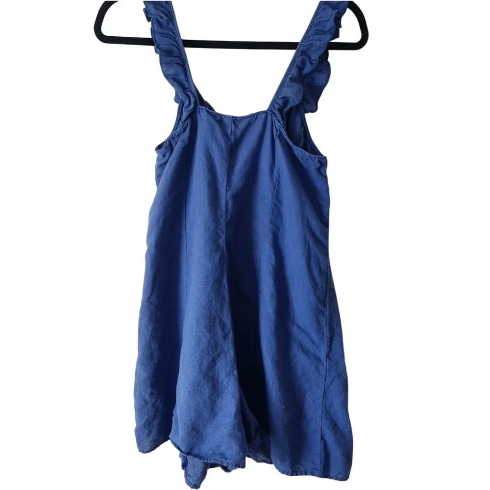 Zara Blue Ruffle Button Front Linen Blend Romper Sleeveless Womens Size Medium